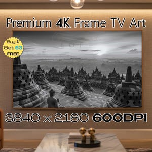 Borobudur Temple Monochrome Landmark Wall Art Photo Accent Decor Black White Stunning FrameTV Buddha Stupa Misty Java Sunrise Indonesia Mood