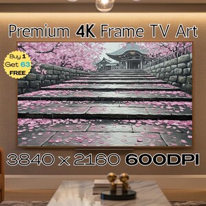 May include: A framed 4K TV art piece featuring a Japanese temple scene. The artwork depicts a stone staircase leading to a temple, with cherry blossoms and pink petals scattered throughout. The text "Premium 4K Frame TV Art" is at the top.