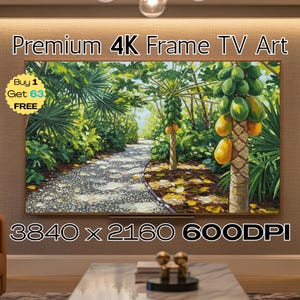 Papaya Tree Garden Path Impasto 3D Painting Samsung FrameTV Art Tropical Botanical Yellow Ripe Fruit Fan Palm Gravel Walk Lush Green Sunlit