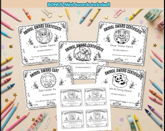 Certificats de récompense animale de fin d'année pour les enfants, récompenses imprimables pour la classe, activité de coloriage pour les étudiants, PDF imprimable pour l'enseignant