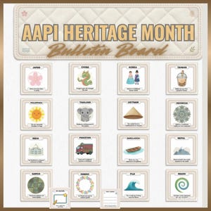 Peut inclure: Tableau d'affichage du Mois du patrimoine AAPI avec des illustrations représentant diverses cultures asiatiques et insulaires du Pacifique. Comprend des cartes avec des images de fleurs de cerisier, de dragons, de vêtements traditionnels, etc. Le tableau est beige avec un motif matelassé.