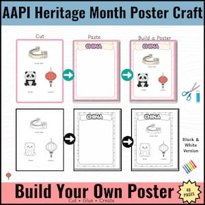 Puede incluir: Manualidad de póster para el Mes del Patrimonio AAPI con un panda, una linterna roja y la Gran Muralla China. El texto dice "Build Your Own Poster" y "China". Incluye una versión en blanco y negro.