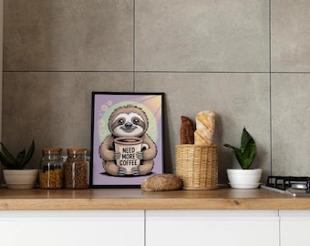 ナマケモノのコーヒープリント｜おもしろ動物ウォールアート（デジタルダウンロード）