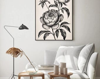 Black and White Floral Art Print – Peony Botanical Illustration – Minimalist Line Art Digital Download