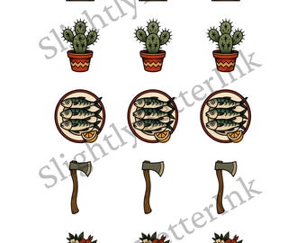 Tattoo Flash Bundle | American Traditional Printable Tattoo Sheet | 5 Designs at 2.0" Size