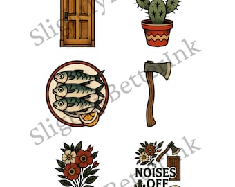 Tattoo Flash Bundle | American Traditional Printable Tattoo Sheet | 5 Designs at 3.0" Size