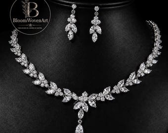 Conjunto de joyas nupciales: collar y pendientes de cristal, regalo elegante para bodas y fiestas, accesorios de lujo para mujer.