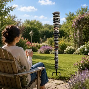 Trädgårdsskulptur i staplad sten, konst av flodsten, zen-utomhusdekor, present till trädgårdsälskare, inflyttningspresent bild 6