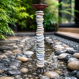 Può includere: Una pila verticale di ciottoli di fiume lisci e multicolori disposti a colonna, sormontata da un ornamento in metallo a forma di fiore di colore marrone rossastro scuro. La scultura in pietra poggia su una base in metallo nero a punte.