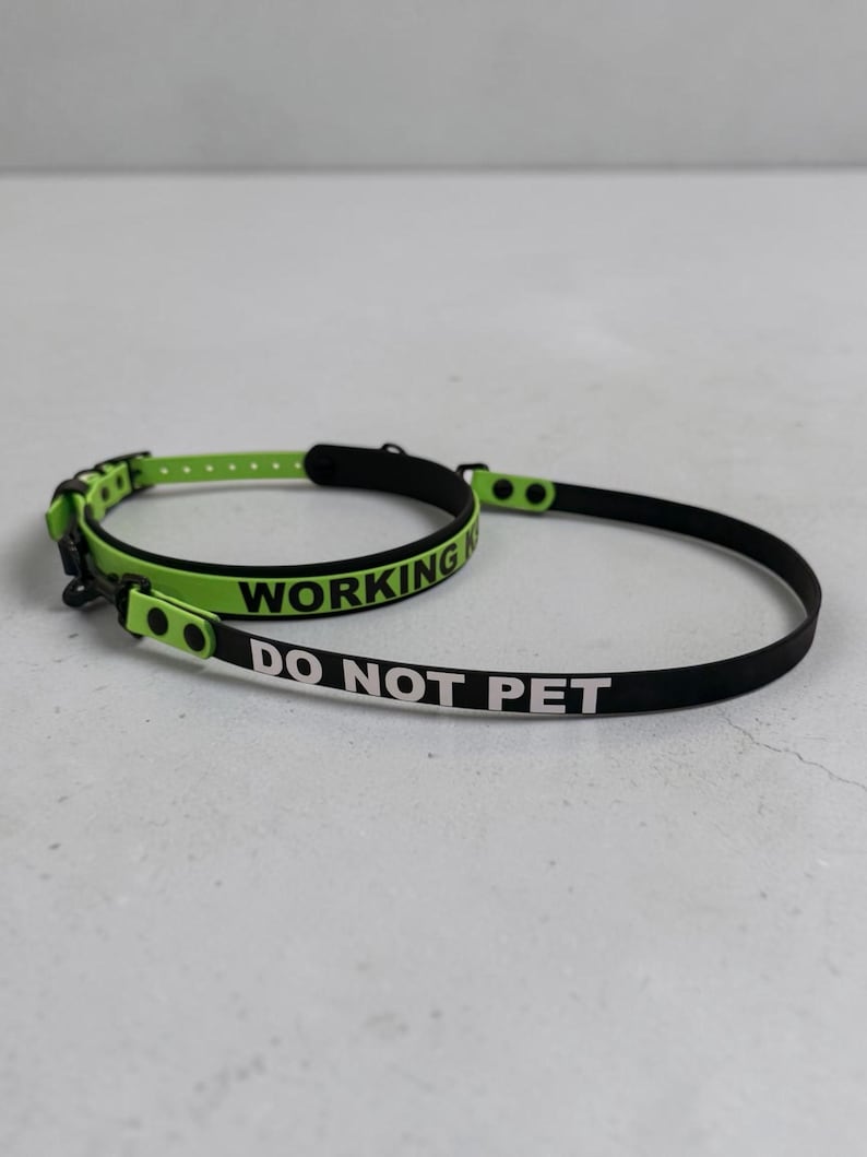 Puede incluir: Un conjunto de collar y correa en color verde lima y negro. El collar presenta el texto WORKING en negro, mientras que la correa muestra el texto DO NOT PET en blanco. Ambos art&iacute;culos est&aacute;n hechos de un material liso y flexible con hebillas negras.