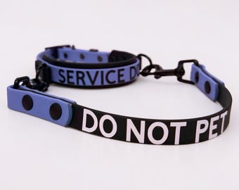 Könnte beinhalten: Ein hellblaues und schwarzes Halsband- und Leinenset mit dem Text SERVICE DOG auf dem Halsband und DO NOT PET auf der Leine. Die Artikel sind mit schwarzen Metallbeschlägen, einschließlich eines Karabinerhakens und Nieten, auf schlichtem Grund versehen.