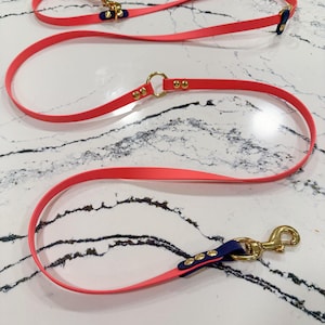 May include: Three coral-colored dog leashes with gold-tone hardware and navy blue accents are arranged on a white and gray surface. The leashes have a simple, streamlined design, with a loop at one end and a clasp at the other.