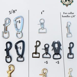 Puede incluir: Una colecci&oacute;n de ganchos giratorios de metal organizados por tama&ntilde;o, incluyendo opciones de 5/8 de pulgada y 1 pulgada, adem&aacute;s de una secci&oacute;n para asas de collar. Los herrajes vienen en acabados plateado, negro y dorado, con dise&ntilde;os tipo mosquet&oacute;n.