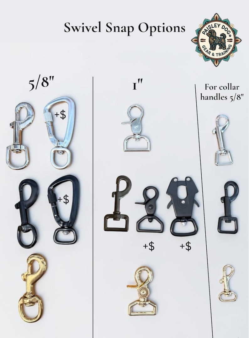 Puede incluir: Una colecci&oacute;n de ganchos giratorios de metal organizados por tama&ntilde;o, incluyendo opciones de 5/8 de pulgada y 1 pulgada, adem&aacute;s de una secci&oacute;n para asas de collar. Los herrajes vienen en acabados plateado, negro y dorado, con dise&ntilde;os tipo mosquet&oacute;n.