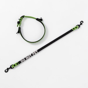 Puede incluir: Un collar y una correa para mascota en color negro y verde lima. La correa presenta el texto DO NOT PET en blanco impreso a lo largo de su extensi&oacute;n. Ambos art&iacute;culos incluyen herrajes de metal negro, con clips y hebillas, y detalles en verde lima.