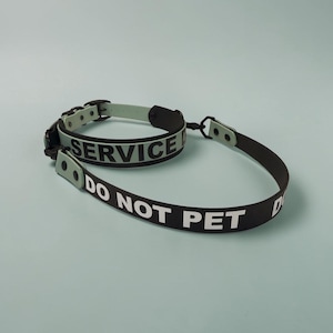 Puede incluir: Un conjunto de collar y correa en color verde salvia y negro con el texto SERVICE DOG DO NOT PET en letras blancas en negrita. El collar tiene una hebilla y herrajes negros, mientras que la correa es una cinta negra a juego con texto blanco.