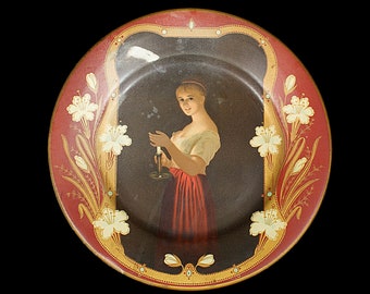 Antique Tin Plate Woman Holding a Candle Unmarked Vienna Art Plate Victorian Chippy Cottagecore