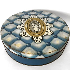 Vintage Art Deco Biscuit Metal Tin Lady Blue Storage Container Shabby Chic