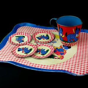 Vintage Ohio Art Tea Set Girl Puppy Polka Dots Red Gingham 4 Saucers, Tray, Cup with Handle