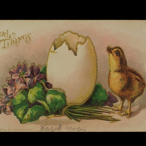 Vintage Postkarte Frohe Botschaft Ostern Glitter Baby Küken und Ei Schön! 1907
