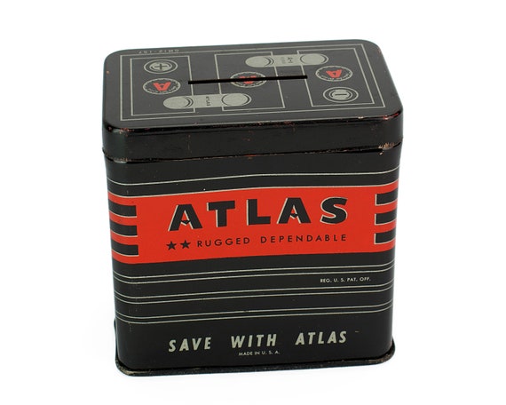 Vintage Atlas Bank Tin Auto Advertising Car Battery Save With Atlas