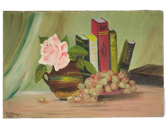 Painting Still Life Flowers Books Grapes B.H. Dengel 1921 Flea Market Folk Art Unframed