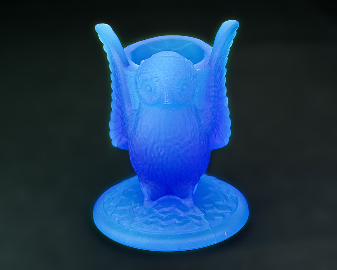 Vintage Glass Owl Candle Holder Blue Frosted Satin Etsy
