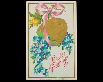 Vintage Postcard Easter Greetings Gold Embossed Egg So Pretty! Mailed 1909 Wisconsin USED