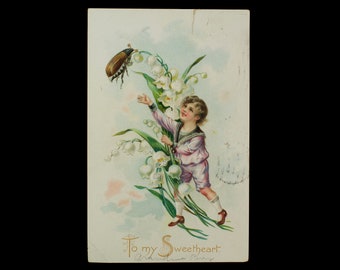 Vintage Postcard To My Sweetheart Lilly of the Valley Giant Beetle Tuck's Post Card Mailed 1908 Wisconsin