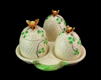 Vintage Bee Hive Honeypot Salt and Pepper Set Tray Majolica