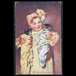 vintage Carte postale Bébé avec chatons 1908