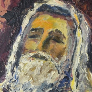 May include: A close-up of a painting depicting a man's face. The man has a long white beard and is wearing a white robe. The painting is done in a loose, expressive style with thick brushstrokes.