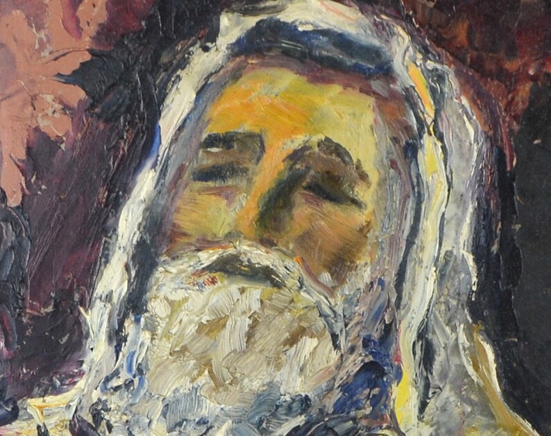 May include: A close-up of a painting depicting a man's face. The man has a long white beard and is wearing a white robe. The painting is done in a loose, expressive style with thick brushstrokes.