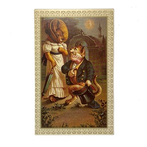 Vintage Romantische Postkarte Kaninchen und Katze Vorschlag Viktorianisches Kleid Anthropomorph Merrimack Verlag Unbenutzt
