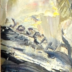 May include: Abstract painting with a textured, layered style. The painting features a mix of white, yellow, blue, and pink hues. The artist's signature, "Joseph", is visible in the lower left corner.