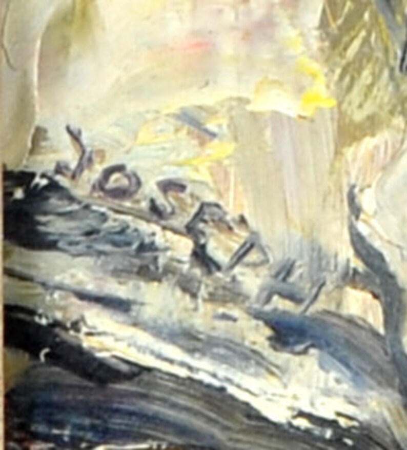 May include: Abstract painting with a textured, layered style. The painting features a mix of white, yellow, blue, and pink hues. The artist's signature, "Joseph", is visible in the lower left corner.