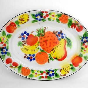 Vintage Emaille Servierplatte Obst Dekor Chippy Ananas Birne Orange Apfel