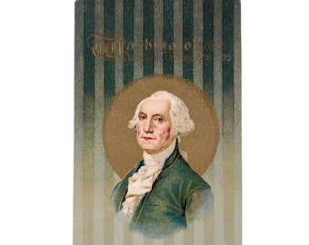 George Washington Vintage Postcard USED Birthday February  Ephemera Scrapbooking History Green gold