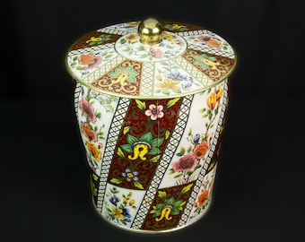 Vintage Tin Candy Biscuit Flowers Brown Gold Chinoiserie Container Made in England