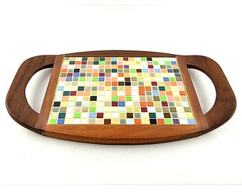 Vintage Wood Ceramic Tiles Mid Century Tray