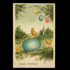 Postal Vintage Saludos de Pascua Huevo Azul Gigante y Pollitos SIN UTILIZAR