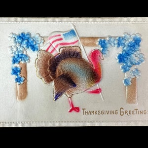 Vintage Postcard Thanksgiving Greetings Turkey 1913 Embossed Linen Gold  US Flag