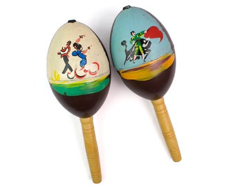 Vintage Maracas Tourist Souvenir Plastic with Wood Handle Bullfight Dancers