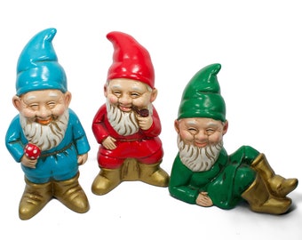 Vintage Gnome Figurines Three Red Blue Green Japan Fun!