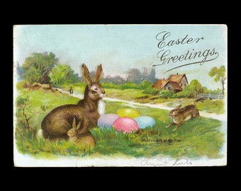 Vintage Postcard Easter Greetings Rabbit Bunnies Colorful Eggs Bucolic Scene Mailed 1906