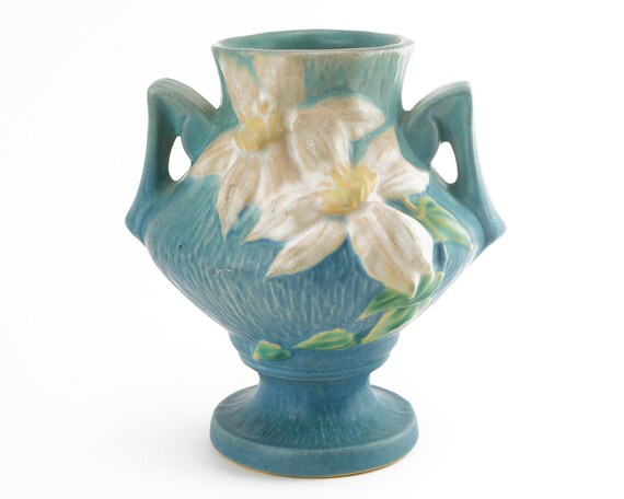 Vintage Roseville Beautiful Vase Blue Clematis 188 6 Floral Etsy