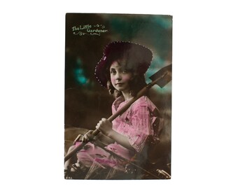 Vintage Postcards Antique Girl The Little Gardener 1907 Colorized USED