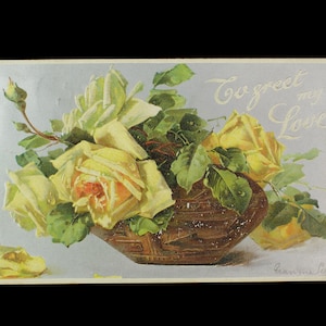 Vintage ansichtkaart Valentine To Greet my Love gele rozen zilver reliëf gemaild 1909 Wisconsin USED