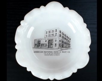 Rockford Illinois Baby! White Milk Glass Ashtray American National Bank and Trust Vintage Advertising Promo