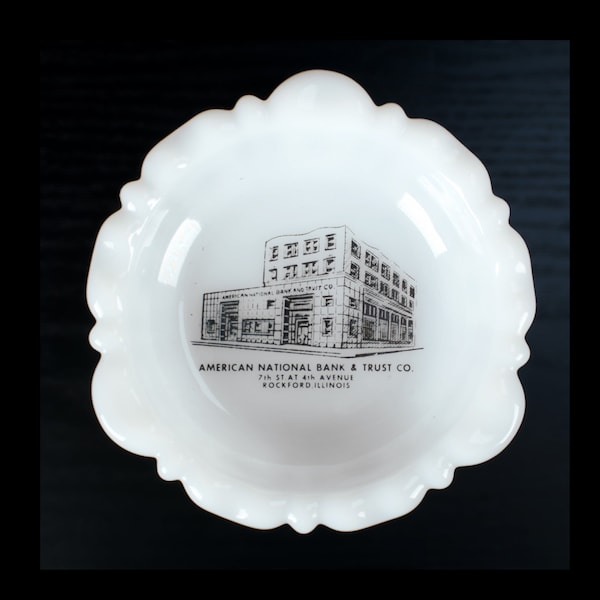 Rockford Illinois Baby! White Milk Glass Ashtray American National Bank and Trust Vintage Advertising Promo